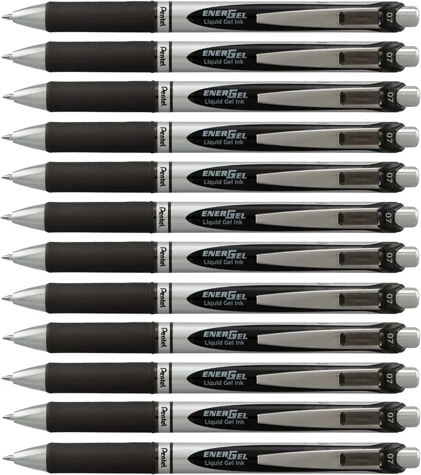 Pentel EnerGel RTX Retractable Liquid Gel Pen, (0.7mm) Medium Line, Metal Tip, Black Ink, Box of 12 (BL77-A)