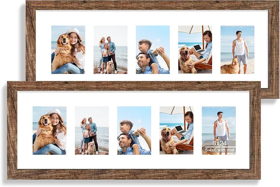 Hongkee 8x24 Picture Frame Set of 2, Collage Five 4x6 with Mat, Real Glass