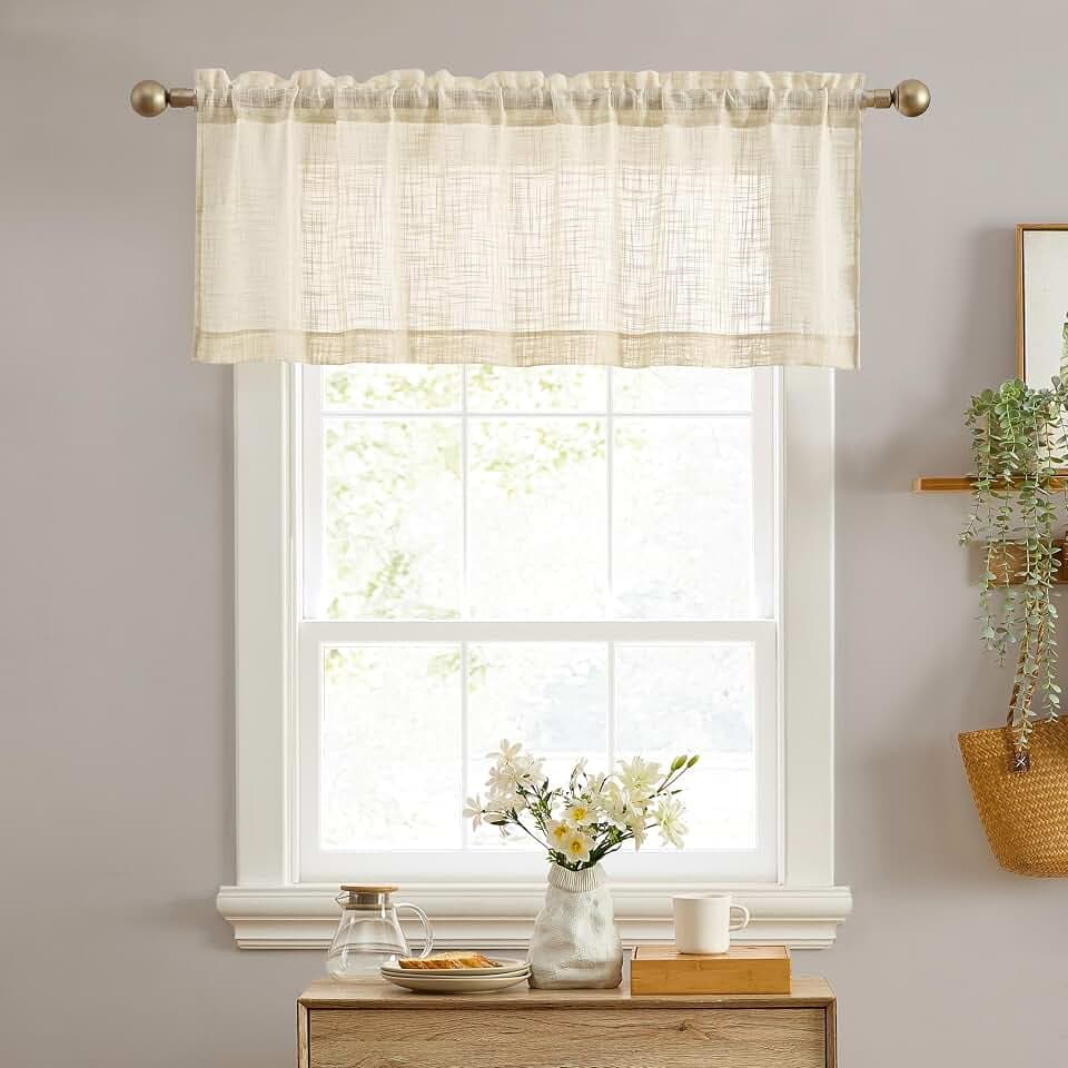 HLC.ME Linda Faux Linen Textured Semi Sheer Privacy Light Filtering Transparent Thick Half Short Rod Pocket Curtain Valance Topper for Small Windows, Bedroom & Bathroom (54 W x 18 L, Oatmeal Beige)