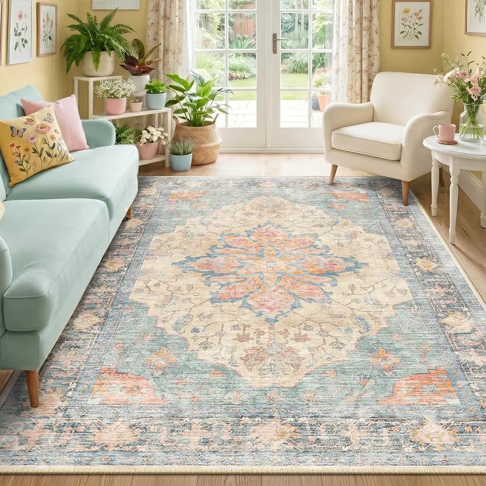 RELEANY Washable Area Rug, 6'x9', Blue/Orange/Red