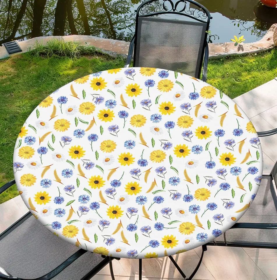 Round Tablecloth with Elastic Edge, 36-60Inch Waterproof Table Cloth for Dinner, Outdoor, Picnic, 36inch, Yellow Flower