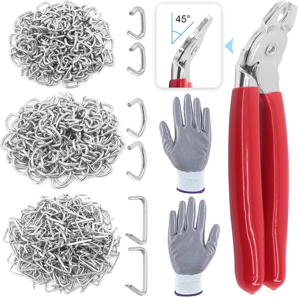 Glarks 362Pcs Hog Ring Pliers Kit with 360Pcs Steel Rings (1/2'' 3/4'' 3/8'') and Anti-Cutting Gloves for Upholstery, Fencing, DIY Craft, Furniture and More