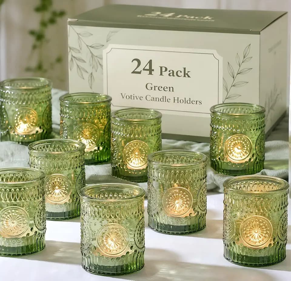 24 Pcs Green Votive Candle Holders for Wedding, Christmas Tealight Holder,