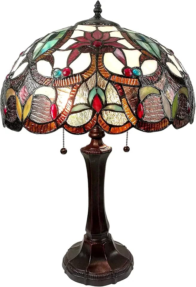 Amora Vintage Tiffany Table Lamp - Floral and Geometric Table Night Light - Multicolor Glass Nightstand Lamp - 24” Tall Stained Glass Lamp