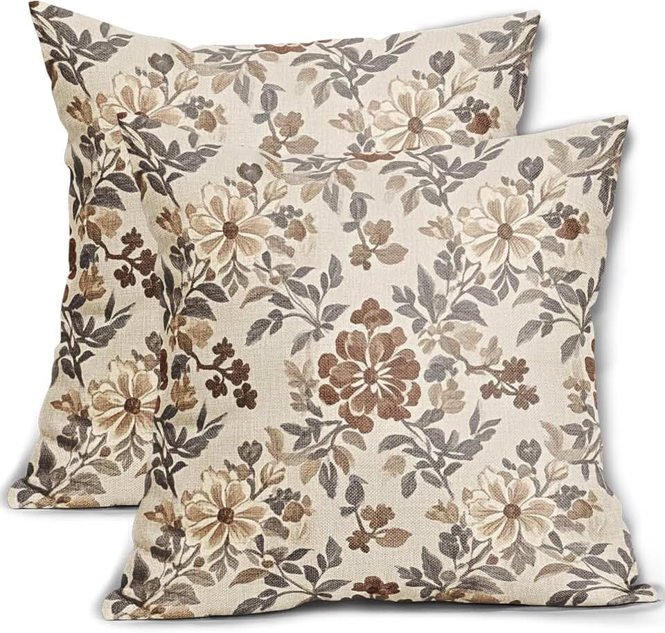 Brown Vintage Floral Pillow Covers 24x24 Inch Set of 2, Grey Gray Antique Flower Block Print Pattern Decorative Throw Pillowcases Outdoor Farmhouse Cushion Covers Art Decor for Sofa Couch Bed