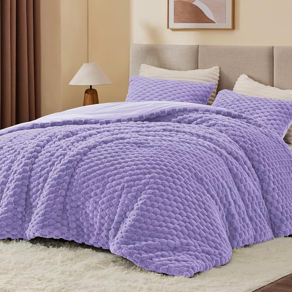 BEDELITE Fluffy Queen Comforter Set, Light Purple Fleece Bed Set 3 Pieces