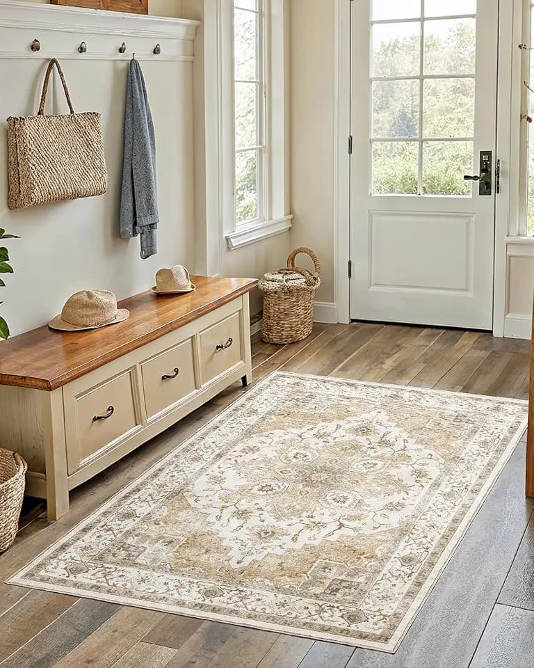 Amada 4x6 Washable Area Rug for Bedroom, Beige, Vintage Pattern