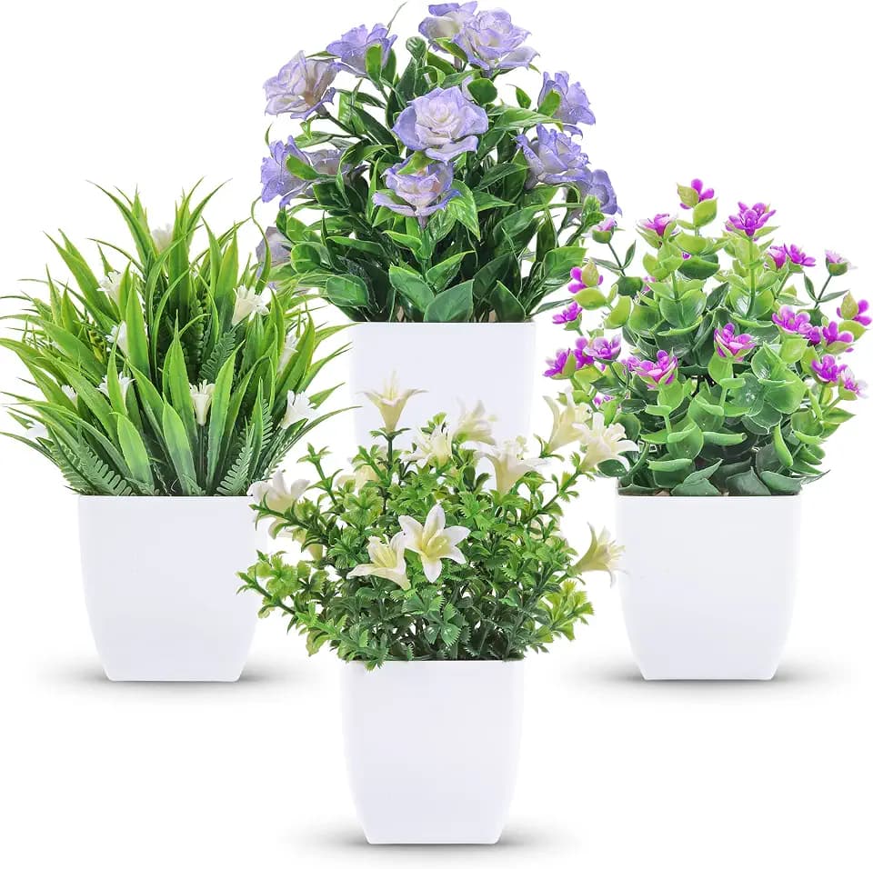 Der Rose 4 Pack Small Fake Plants with Flowers, Spring Home Bathroom Decor