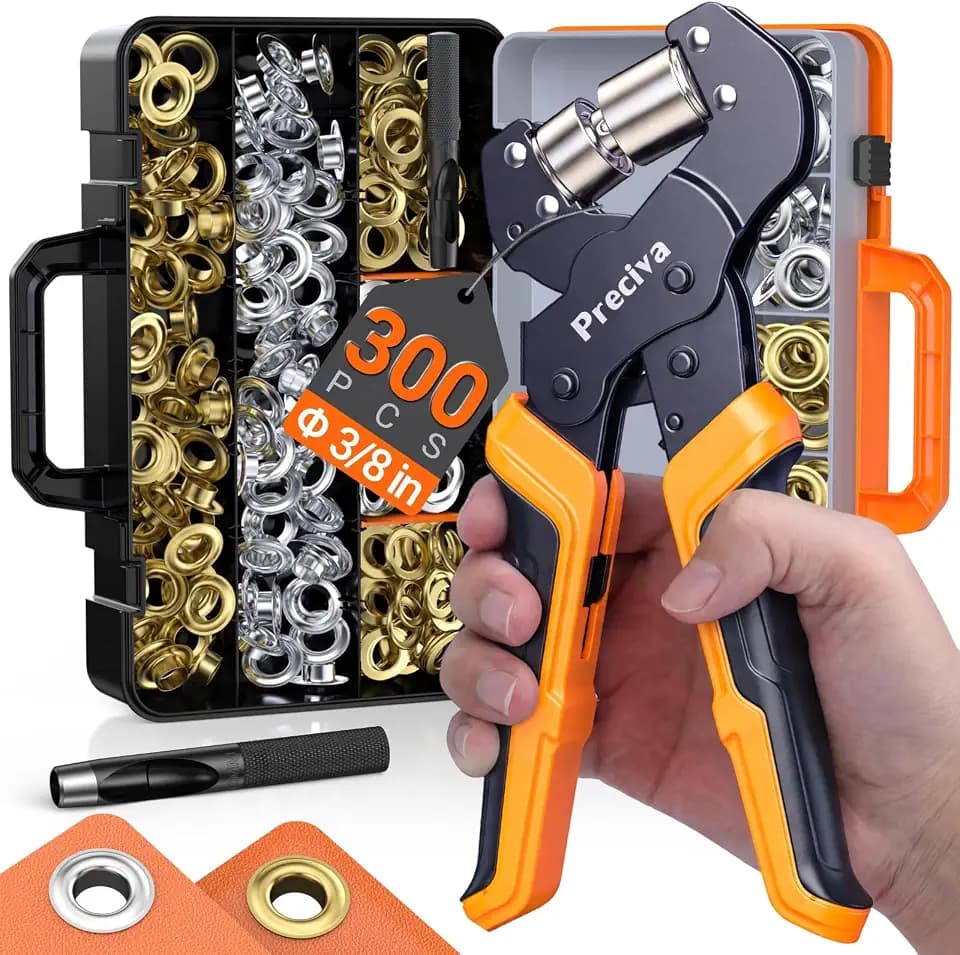 Grommet Tool Kit with Quick-Change Jaws- 3/8" Handheld Eyelet Kit, 300Pcs Gold/Silver Grommets, Ratchet Pliers, No Screwdriver for Jaw Swap, Sturdy Punch for Fabric Tarpaulin Canvas PVC Banners