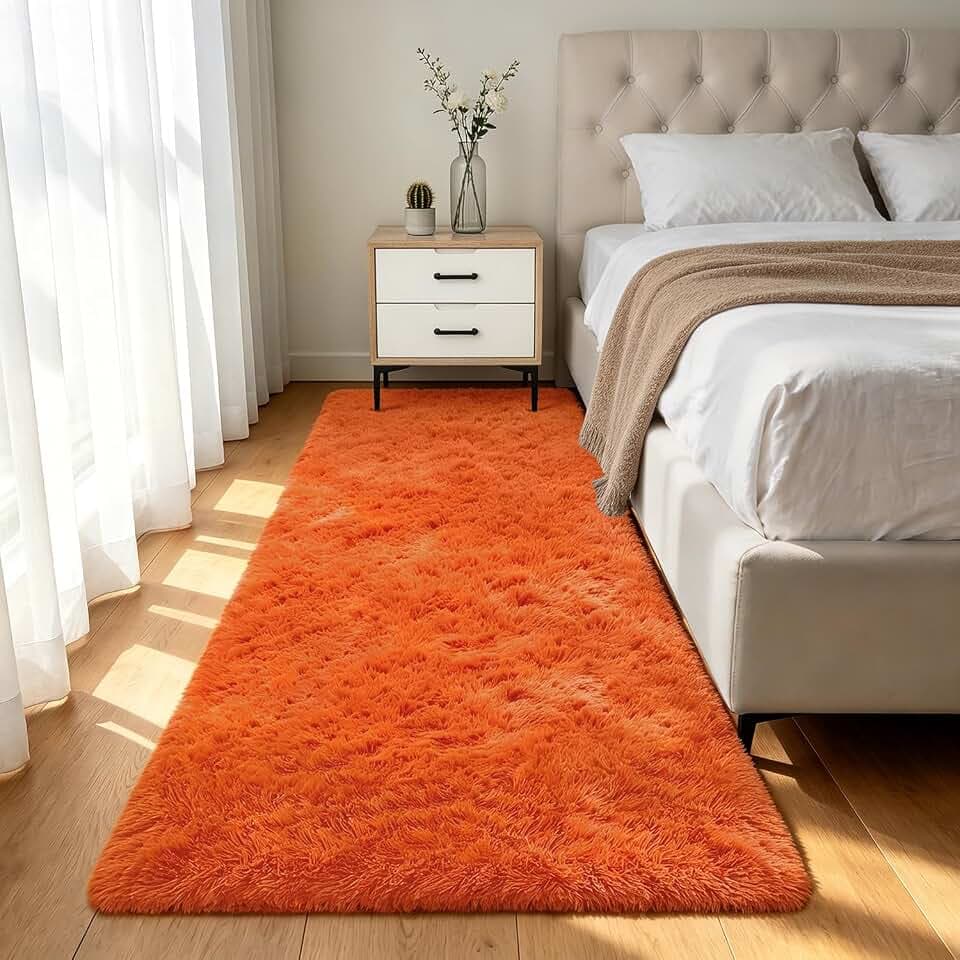 Shag Runner Rug for Bedroom Living Room 3x7 Upgrade Non-Slip Fluffy Soft Bedside Rugs,Orange Shaggy Carpet for Livingroom Dorm Home Decor Aesthetic