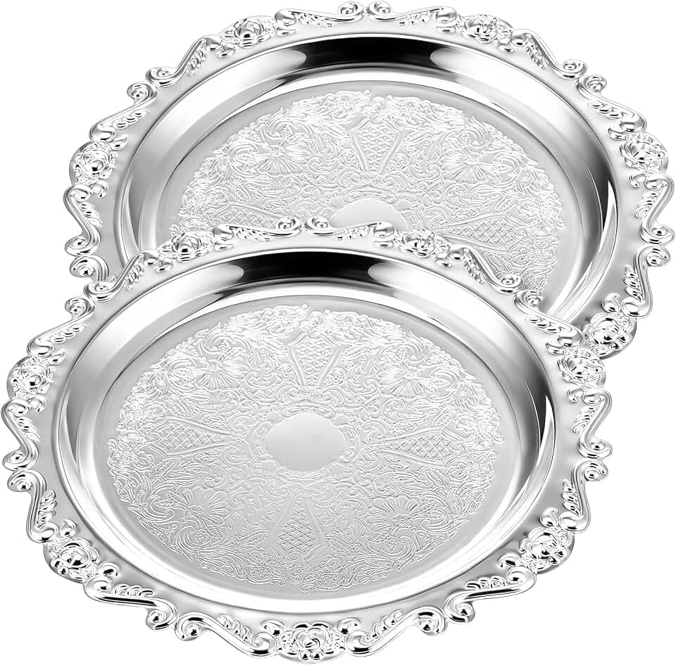 2 Pcs Silver Serving Trays 10 Inch, Vintage Floral Round Metal
