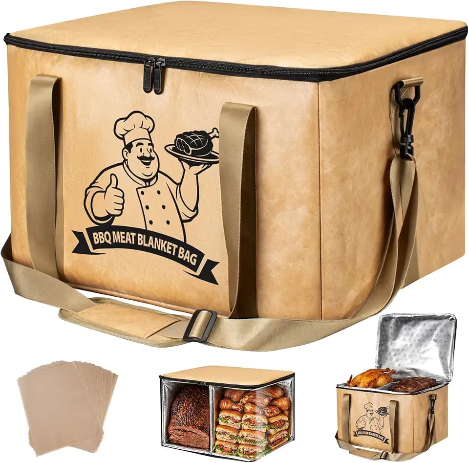 DAMNISS BBQ Blanket for Resting Meat, Extra Large Meat Resting Bag, Dual Compartments, Holds 28lb Brisket, Upgraded Double-Layer Foil Insulation Hot Longer, BBQ Blanket with 25 BBQ Papers- Brown
