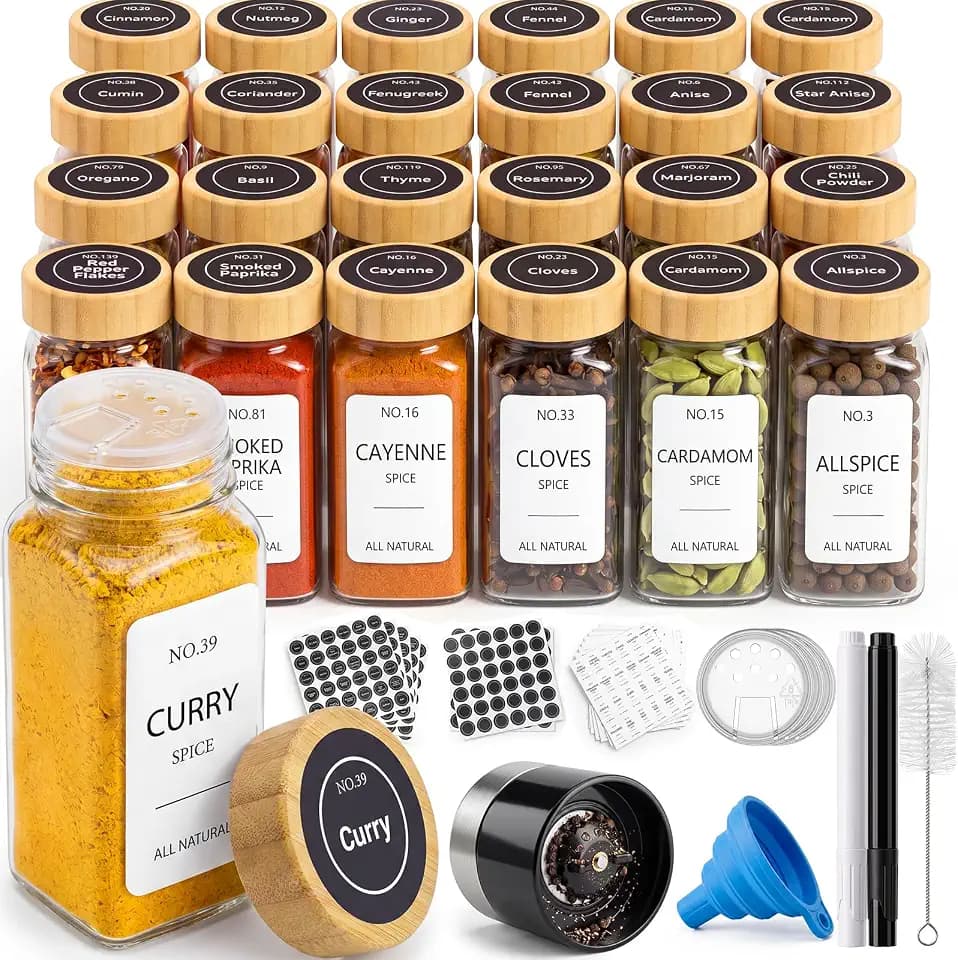24 Pack Glass Spice Jars : 492 Lables & Pepper Grinder & Bamboo Lids