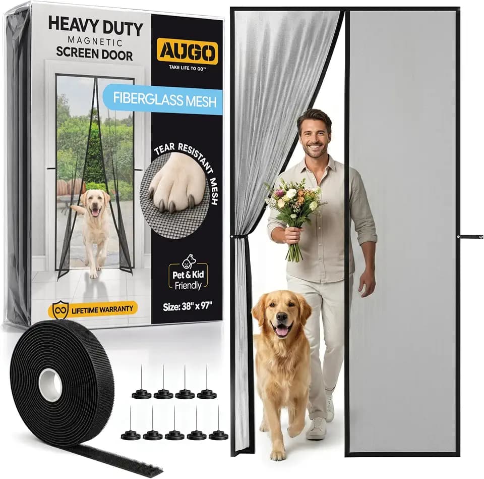 AUGO Heavy Duty Magnetic Screen Door – Fiberglass Pet Resistant Mesh, Self Sealing Hands Free Magnetic Closure, Tear Resistant Door Screen Keeps Bugs Out, Patent Pending Keep Open Feature – 38” x 97”