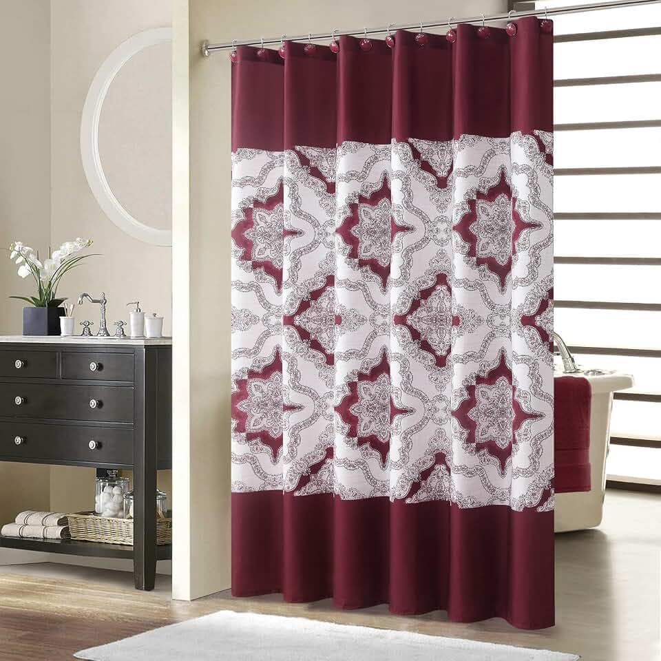 Burgundy Shower Curtain 72x72 Inches, Water Repellent Fabric with Medallion Pattern, 12 Metal Grommets and Weighted Hem