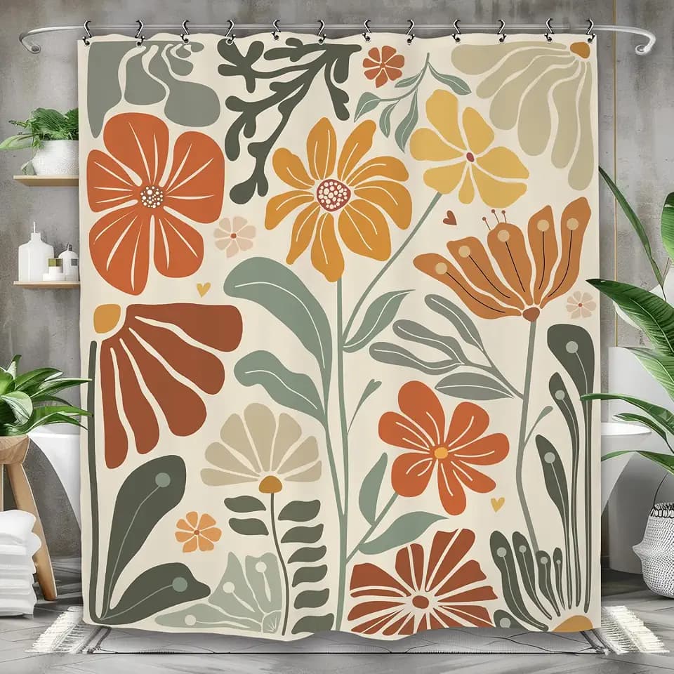Retro 70s Flower Matisse Bathroom Shower Curtain 60W by 71H Inch Funky Groovy Colorful Abstract Vintage Botanical Polyester 12 Plastic Hooks Waterproof Decor