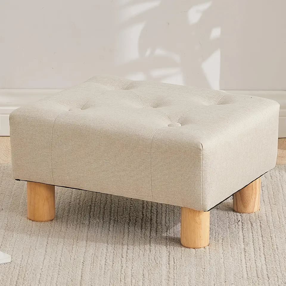 Small Foot Stool Ottoman, Linen Footstool Ottoman Foot Rest for Couch, Rectangle Footstools and Ottomans Small for Living Room, Entryway and Bedroom (Beige)