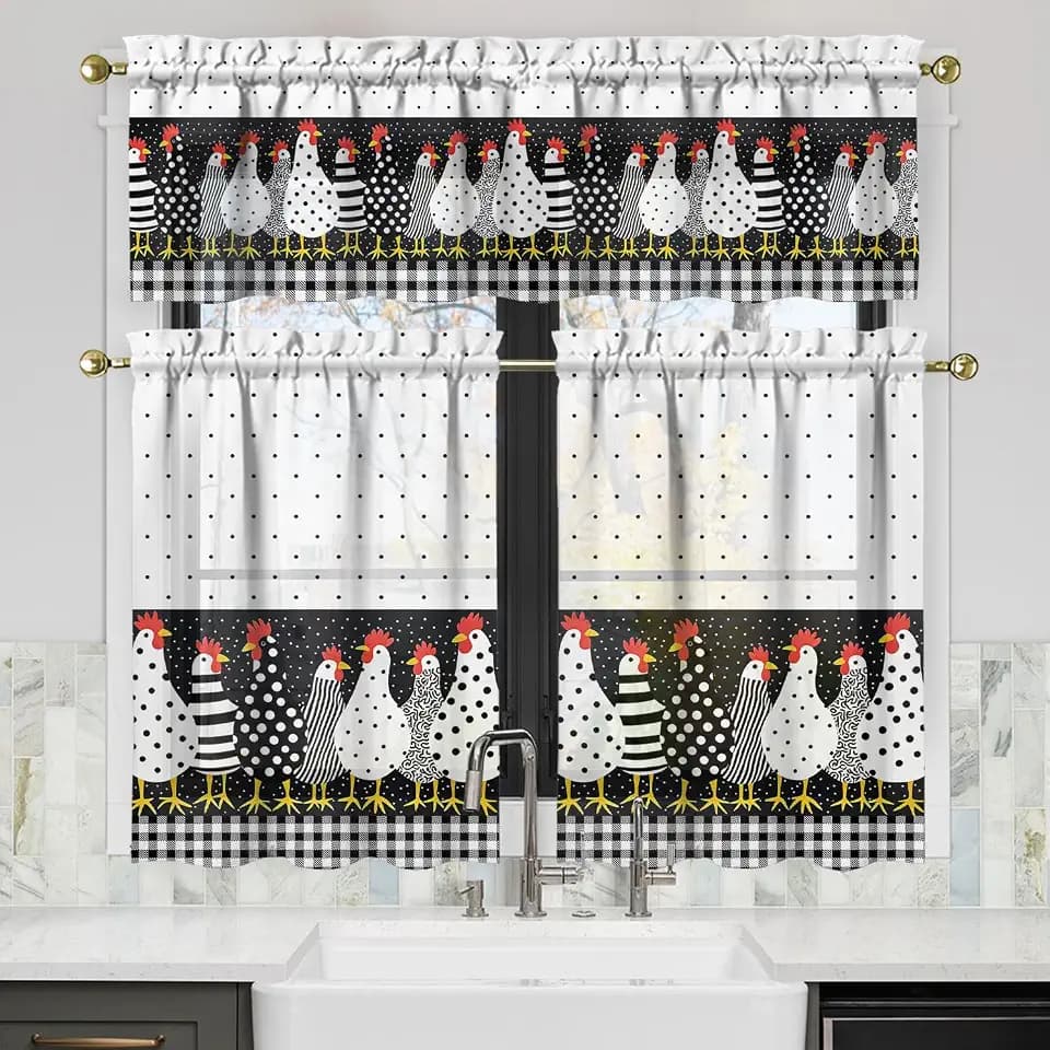 Chicken Kitchen Curtains Valances and Tiers Set for Windows,Rooster Vintage Bathroom Window Curtain Valance 3 Piece Sets,Kitchen Decor for Living Room,54"x 36"