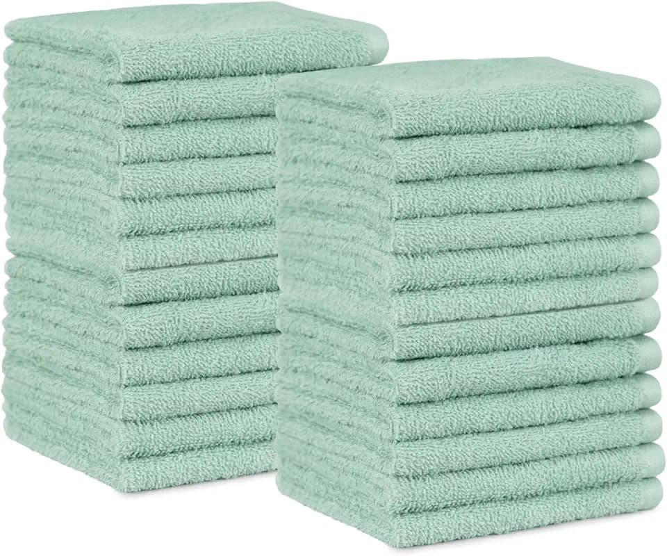 Amazon Basics Highly Absorbent, Fast Drying 100% Cotton Washcloths for Bathroom, Machine Washable, 12 x 12 inches, Seafoam Green, 24-Pack