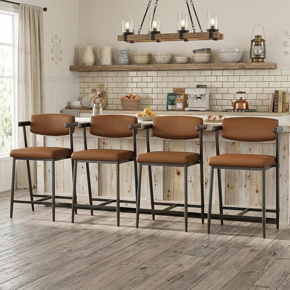 IDEALHOUSE Counter Height Bar Stools Set of 4 with Arms, Upholstered Barstool with Back & Footrest, Soft Wider Seat, Modern Metal Bar Stools Set for Kitchen Island, Bar, Easy Assembly, Coffee Brown