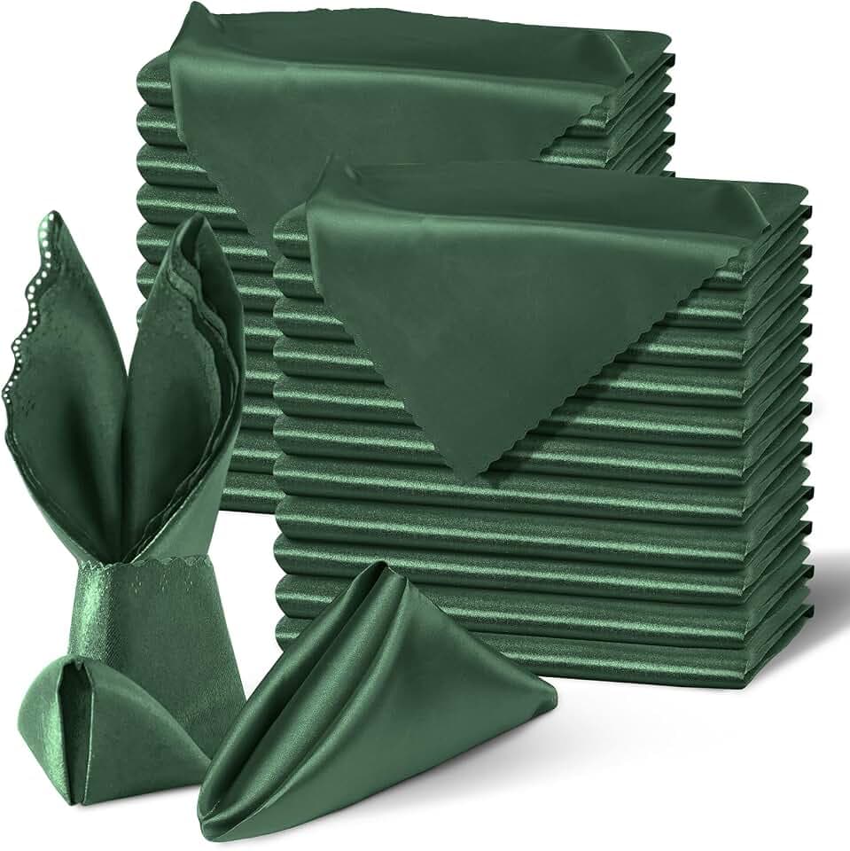 Homiest Forest Green Satin Napkins 20x20 Inch, 100 Pack Scalloped Edges