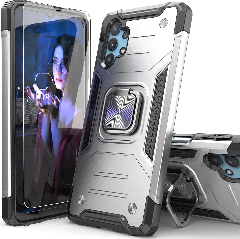 for Galaxy A32 Case with Ring Holder Stand,Screen Protector,Silver