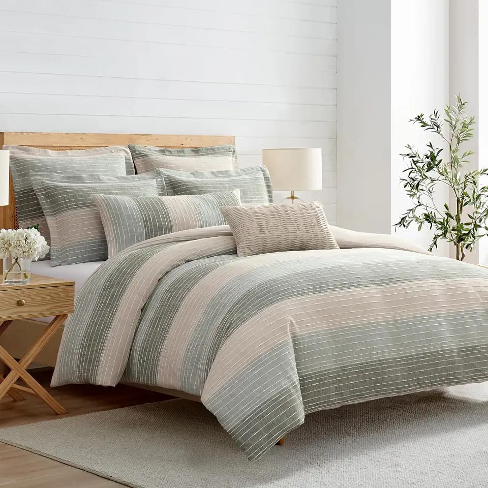 Levtex Home Sand Stripes Sage King/Cal King Comforter Set (106x94in) with 2 Pillowcases (36x20in) - Woven Jacquard Stripe - Sage, Green, Beige, White - Cotton King Size Comforter Set - Soft