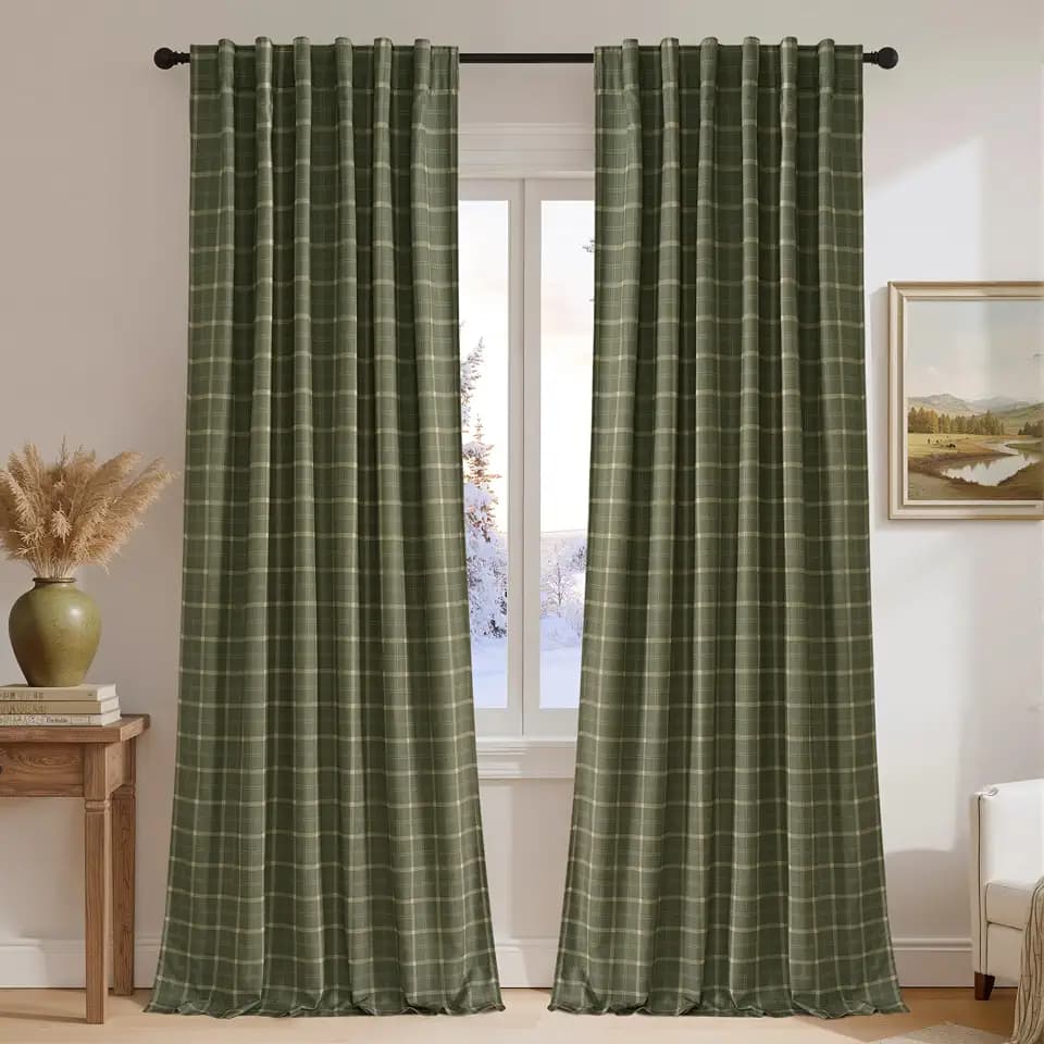 NICETOWN Linen Blackout Plaid Curtains 84 Inches Long for Bedroom