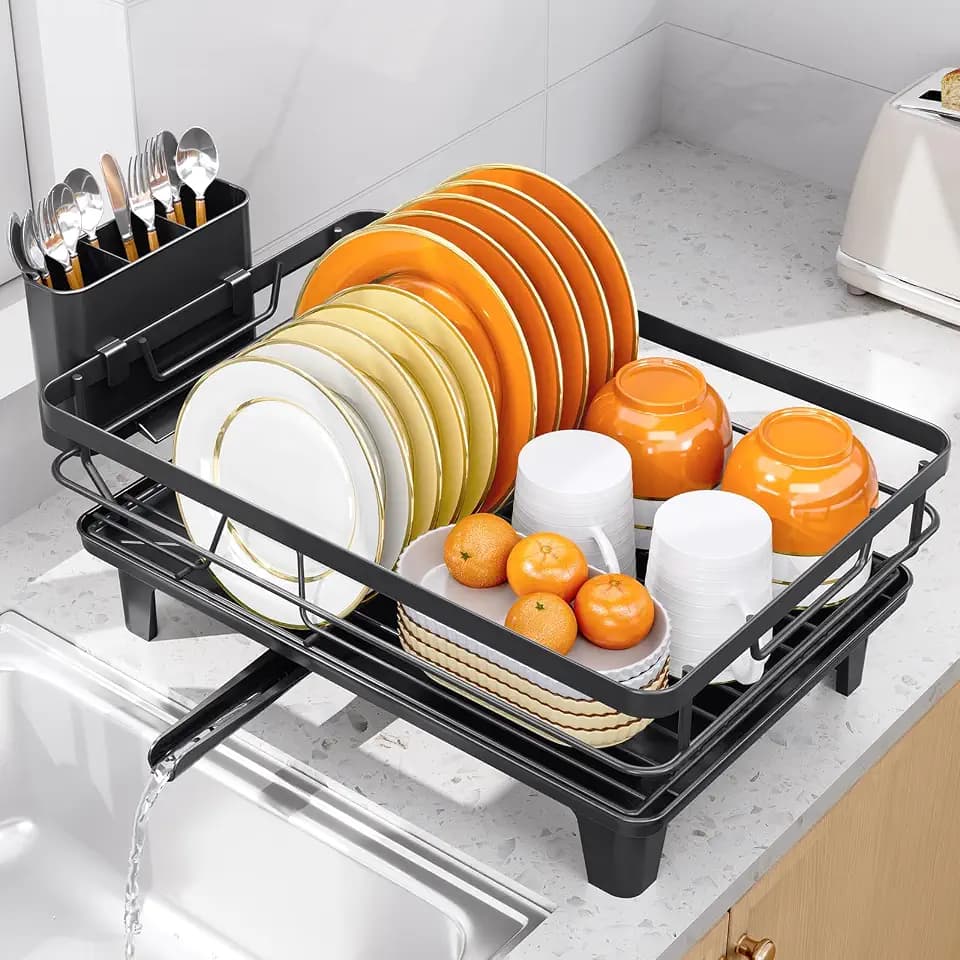 TOOLF Dish Drying Rack for Small Kitchen Counter with Utensil Holder, Black