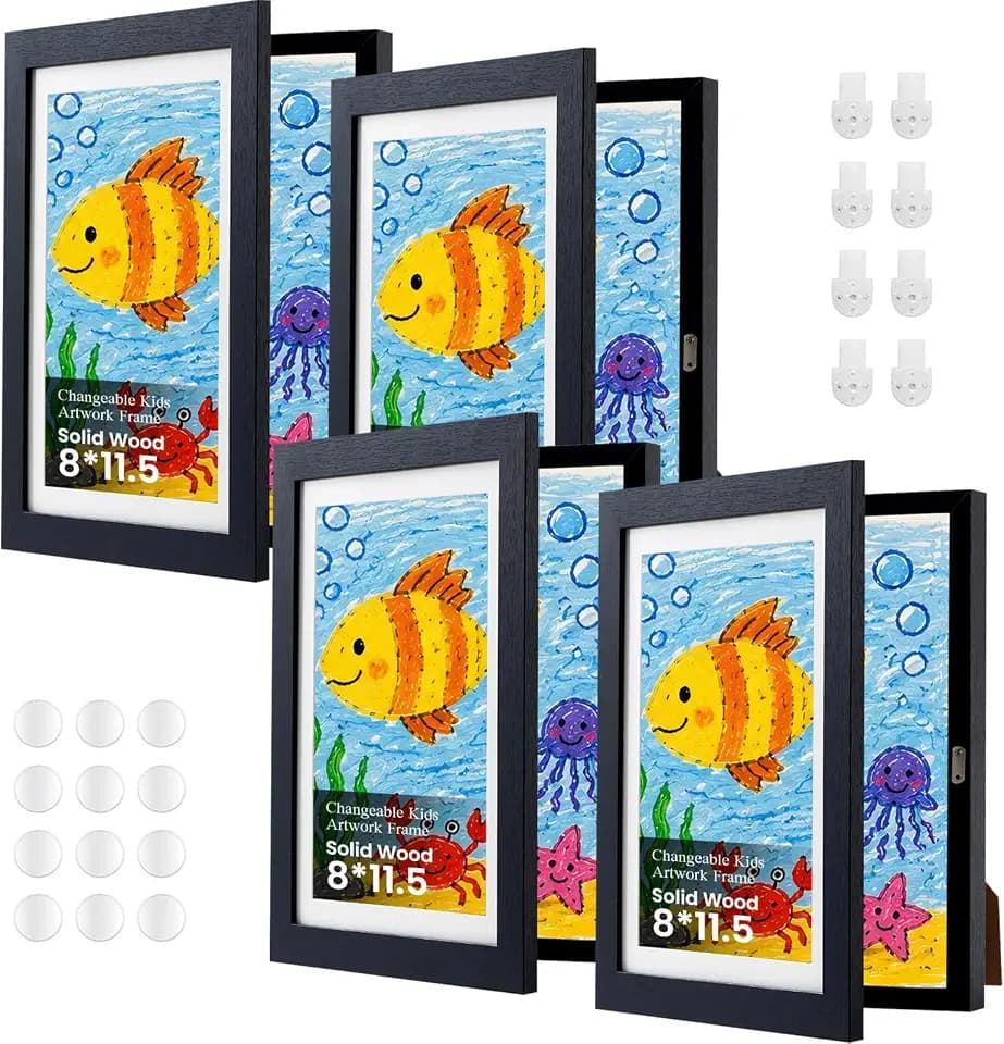 4 Pack Black 8.5x11 Wood 3D Kids Artwork Display Frame with Mat