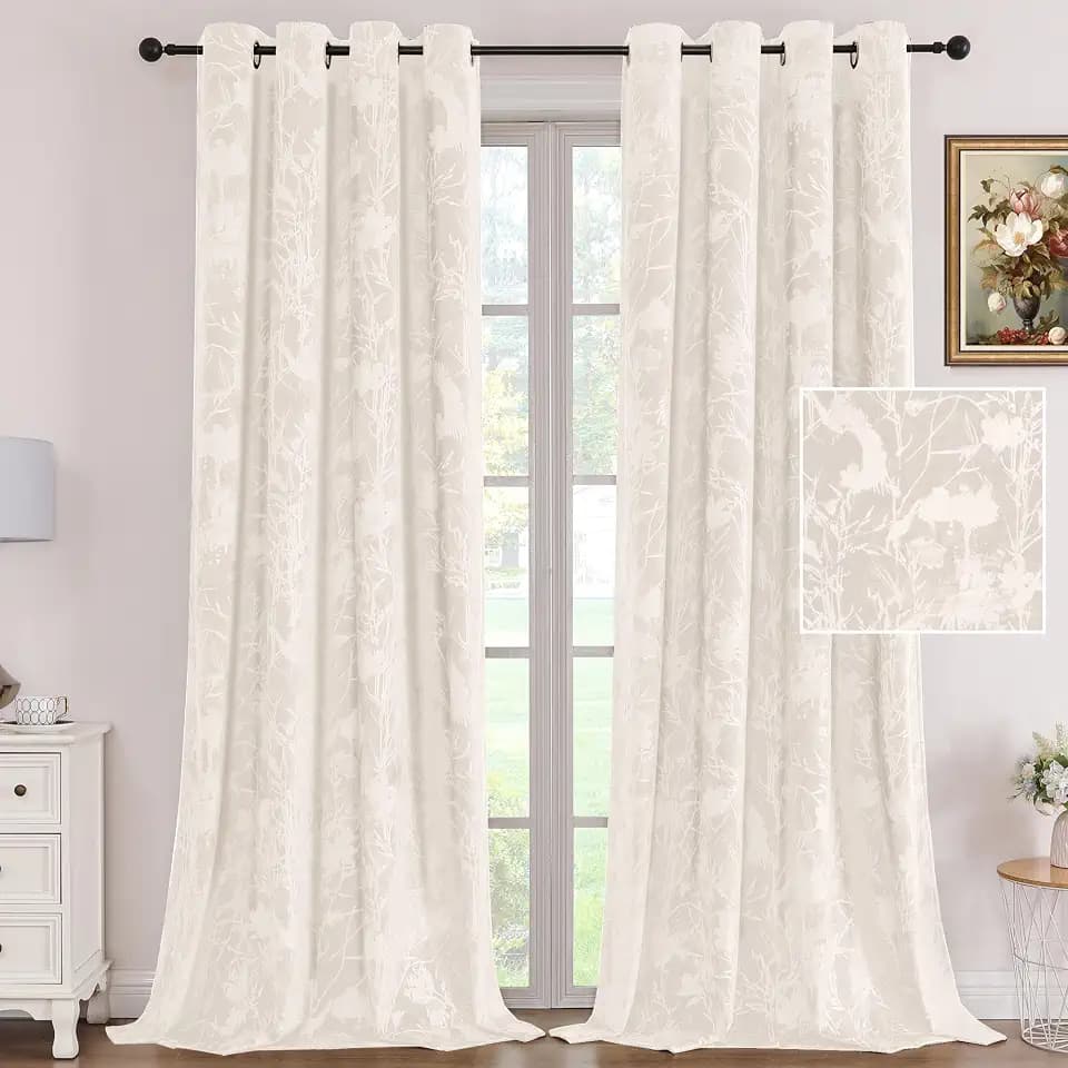 H.VERSAILTEX Velvet Birds and Lotus Curtains 84 Inch for Living Room, Ivory