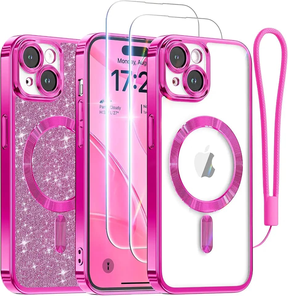 Meifigno Designed for iPhone 15 Case with 2X Screen Protectors, Hot Pink