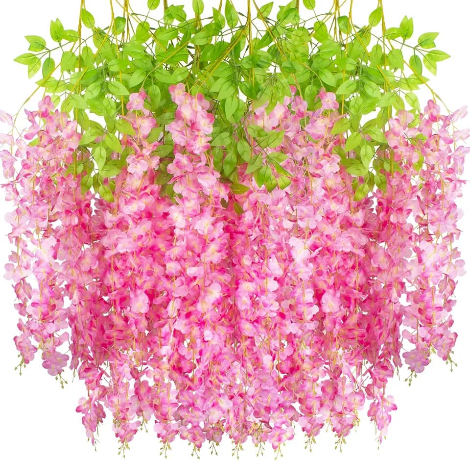 AITISOR 12 Pack Artificial Flowers Silk Wisteria Vine Ratta Hanging Flower (Deep Pink)