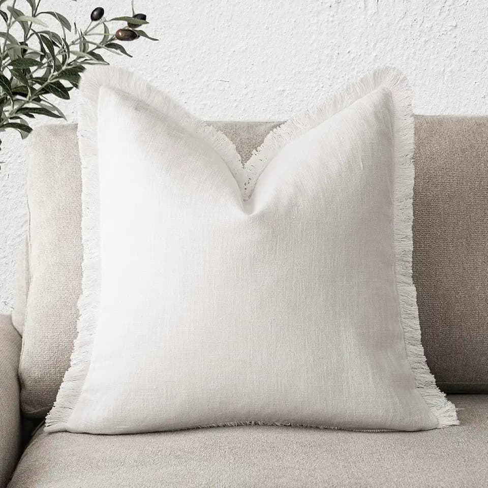 Foindtower Decorative Linen Fringe Throw Pillow Covers Cozy Boho Farmhouse Cushion Cover with Tassels Soft Accent Pillowcase for Chair Sofa Bed Living Room Home Decor, 22×22 Inch, 1PC, Cream White