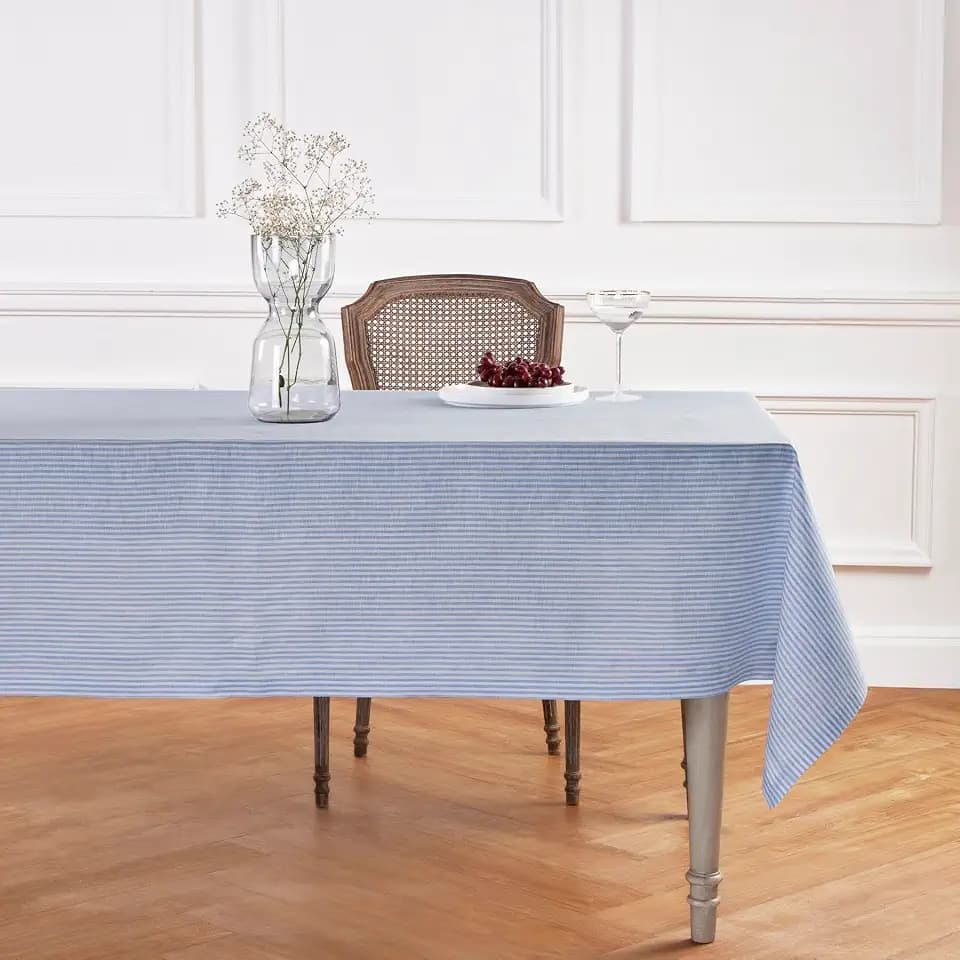 Solino Home 100% Pure Linen Tablecloth, 60 x 120 in, Blue and White Striped