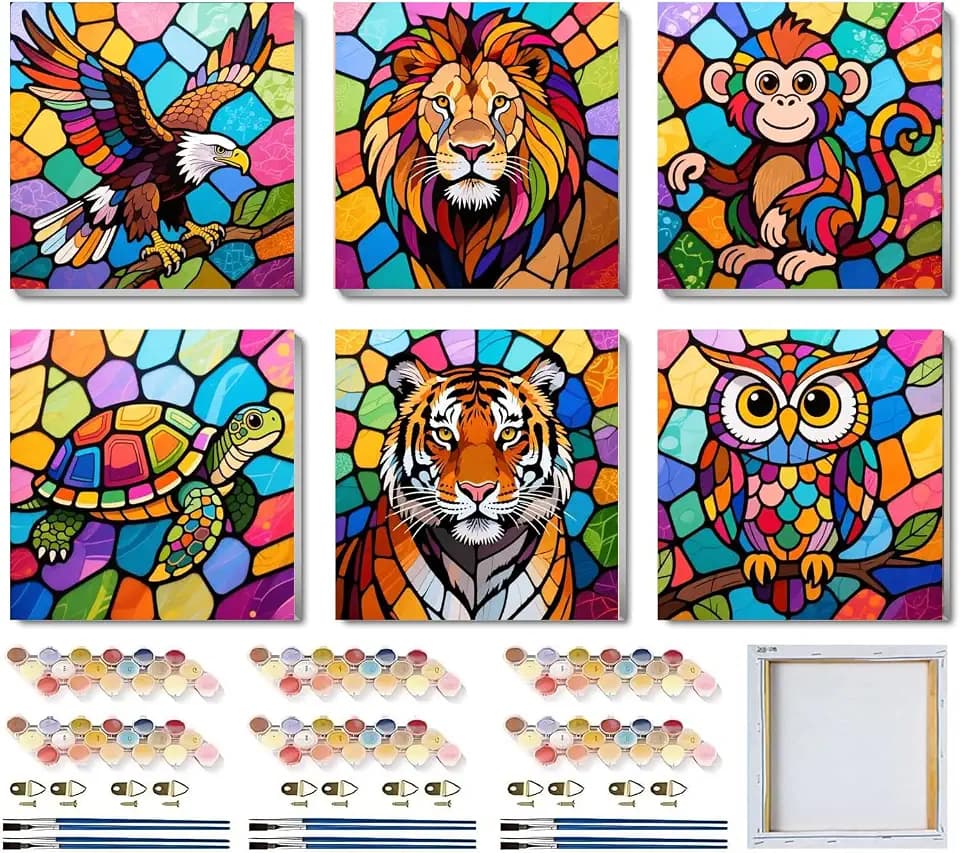 SYDYLH 6 Pack Paint by Numbers Kit for Kids Ages 4-12 / Adult/Teen, Easy DIY Animal Painting Kit with Frame, Beginner Acrylic Paint by Number Canvas 8x8 Inch for Boys Girls Arts Crafts Gift