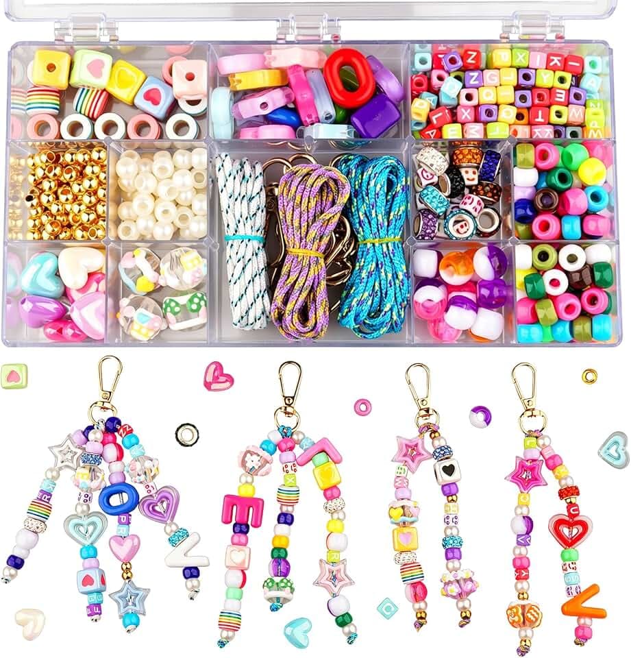 DIY Beaded Keychain Making Kit with 7 Keyrings & 3 Strings - Aesthetic Backpack Charms Craft Kits, Premium Acrylic Beads for Trendy Jewelry Making, Sensory Arts and Crafts Gift for Women