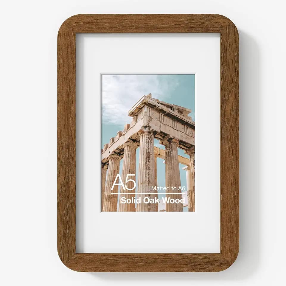 FLYJOE A5 Solid Oak Wood Photo Frame | A5 Picture Frame With Mat For A6 | Plexiglass And Hanging Hardware Included | Walnut, 1 Pack