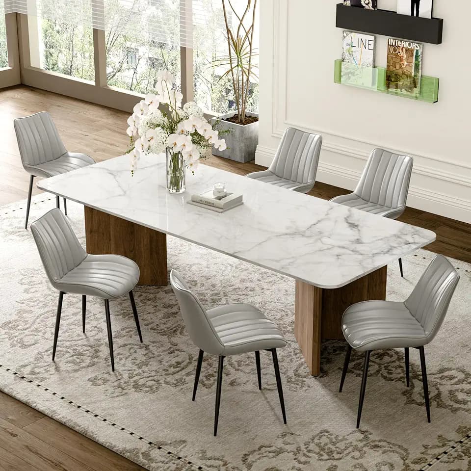 VECELO Dining Chairs Set of 6, Vegan Leather Fabric & Metal Frame, Mordern Style for Kitchen, Living Room,Offcie,Light Grey