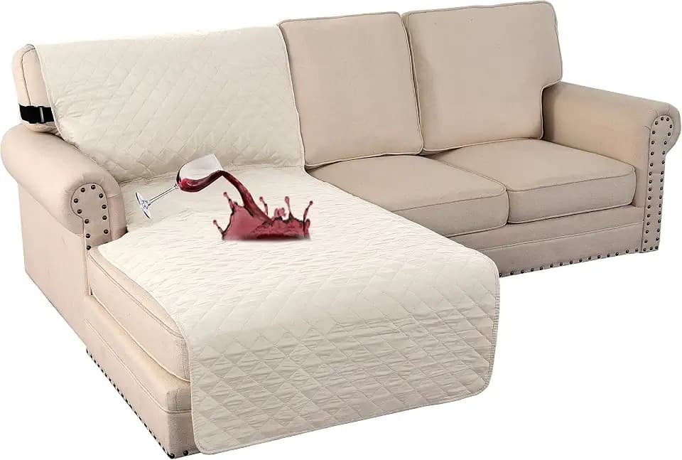 Turquoize 100% Waterproof Sofa Covers Chaise Lounge L Shape Sofa Protector Slip Cover Triple Non-Slip Sofa Slipcover for Sectional Couch Cover for Pets, Kids (Chaise, Ivory)
