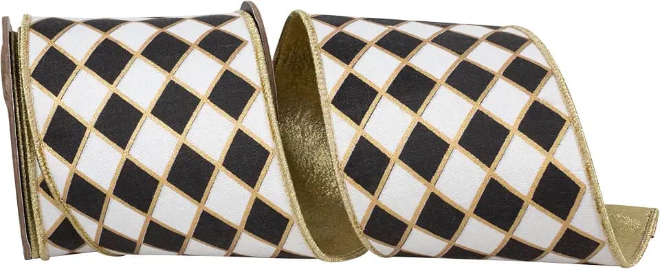 Ribbon - Diamond Elite Metallic Outline Deluxe Wired Edge Ribbon, Black/White, 4 Inch, 5 Yards
