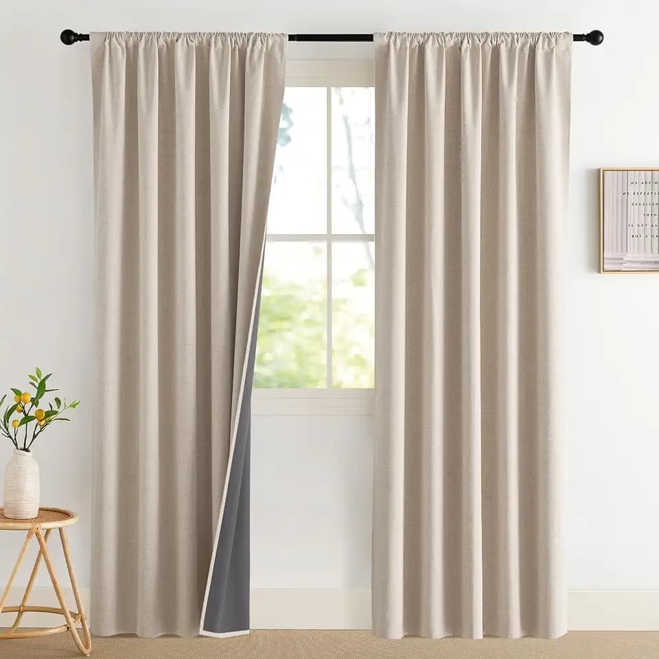 NICETOWN Natural Faux Linen 100% Blackout Curtains, 2 Panels Set, 52 x 84 Inch, Rod Pocket Thermal Insulated Room Darkening Drapes for Bedroom, Living Room, Nursery, Farmhouse Decor, Noise Reducing