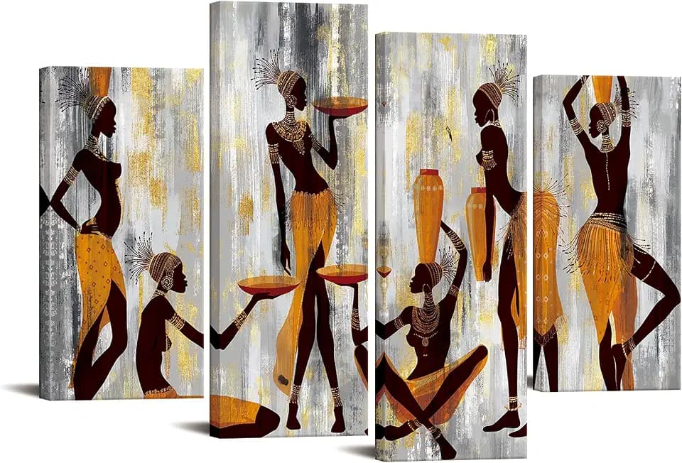 4 Pieces African Women in Traditional Dress Canvas Wall Art Africa Tribal Dance Painting Abstract Yellow and Grey Poster Print for Living Room Office Decoration 48x33inch