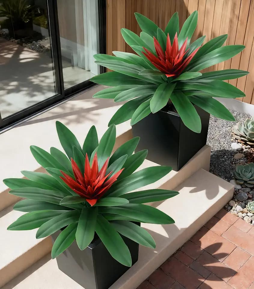 DREAMLOOM Fake Plants, 2 Pcs 21.7 Inch Bromeliads Large Artificial Plants Outdoor Faux Plants UV Resistant Realistic Tropical Greenery Outside for Planter Porch Patio Yard Garden Indoor