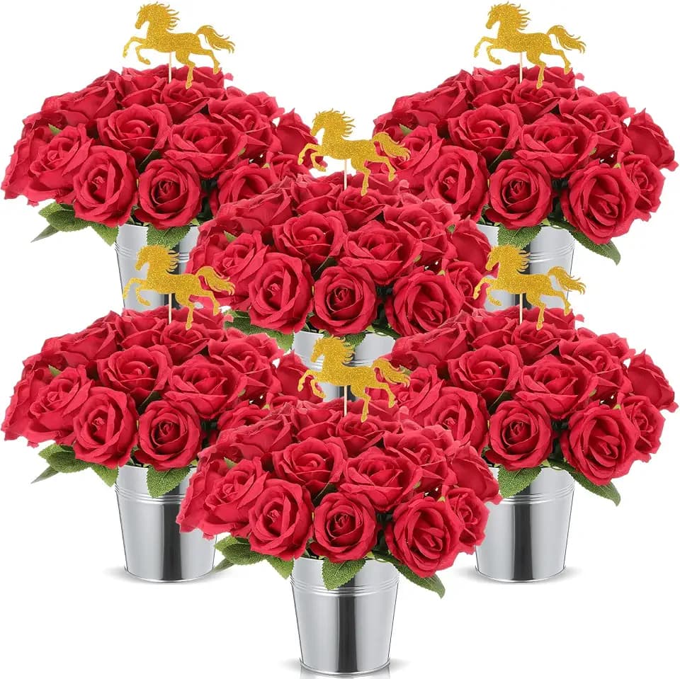 Yinder 48 Pcs Derby Day Horse Party Decorations, The Roses Centerpiece with Horse Racing Centerpiece Sticks, Simulated Iron Flower Pots, Artificial Rose for Derby Day Racing Birthday Party Supplies