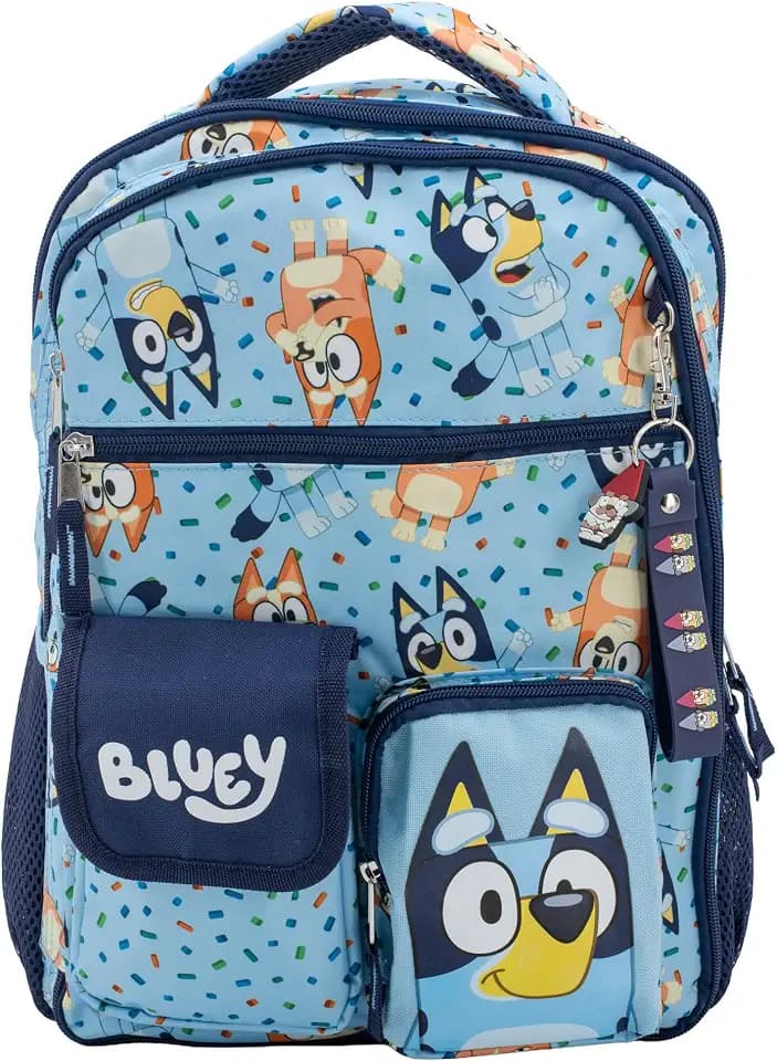 AI ACCESSORY INNOVATIONS Bluey & Bingo Backpack for Girls & Boys, Multi Pocket Bookbag with Adjustable Shoulder Straps & Padded Back, Blue