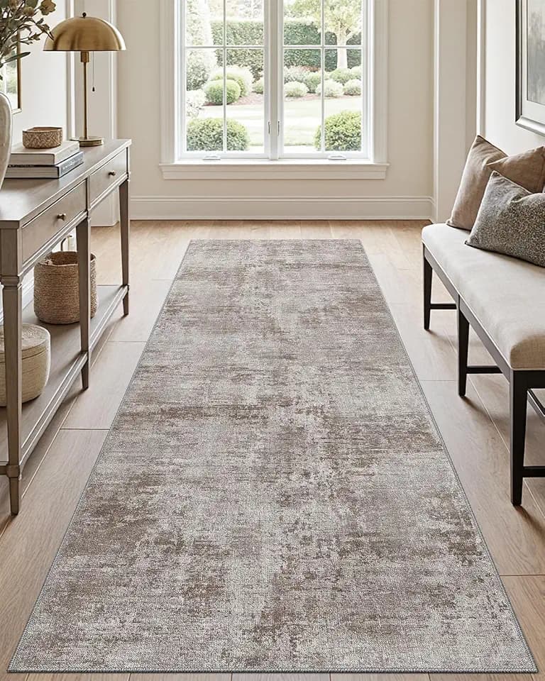 DEXI 3x8 Abstract Hallway Runner Rug Washable Non Slip Backing, Grey Brown