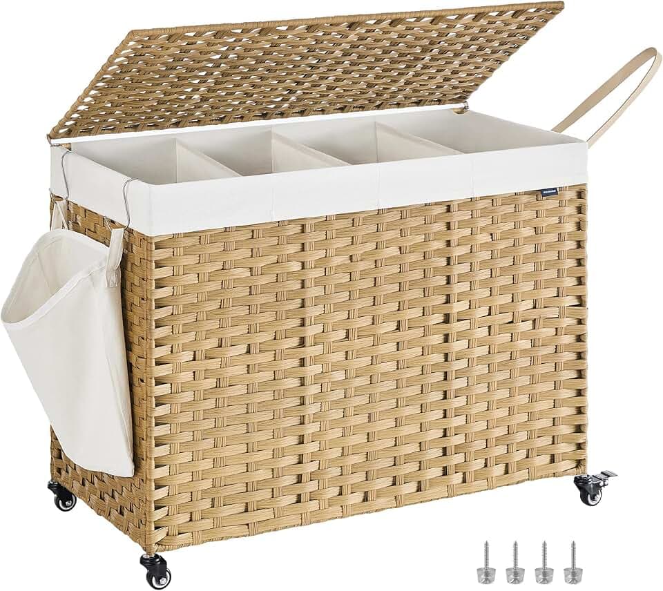 SONGMICS Rolling Laundry Hamper with Lid, 210 L 4-Section Synthetic Rattan
