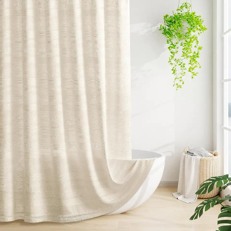 Linen Boho Striped Tassel Shower Curtain for Bathroom 72x72