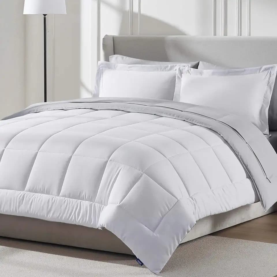Nestl 7 Piece California King Comforter Set – White Reversible Bed in a Bag – Complete Cal King Size Bedding Set with Sheets, Pillowcases and Shams